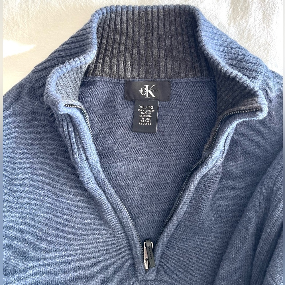 Calvin Klein Men's Blue 100% Cotton 1/4 Zip Pullover Sweater XL Mock Neck Preppy - Picture 5 of 12